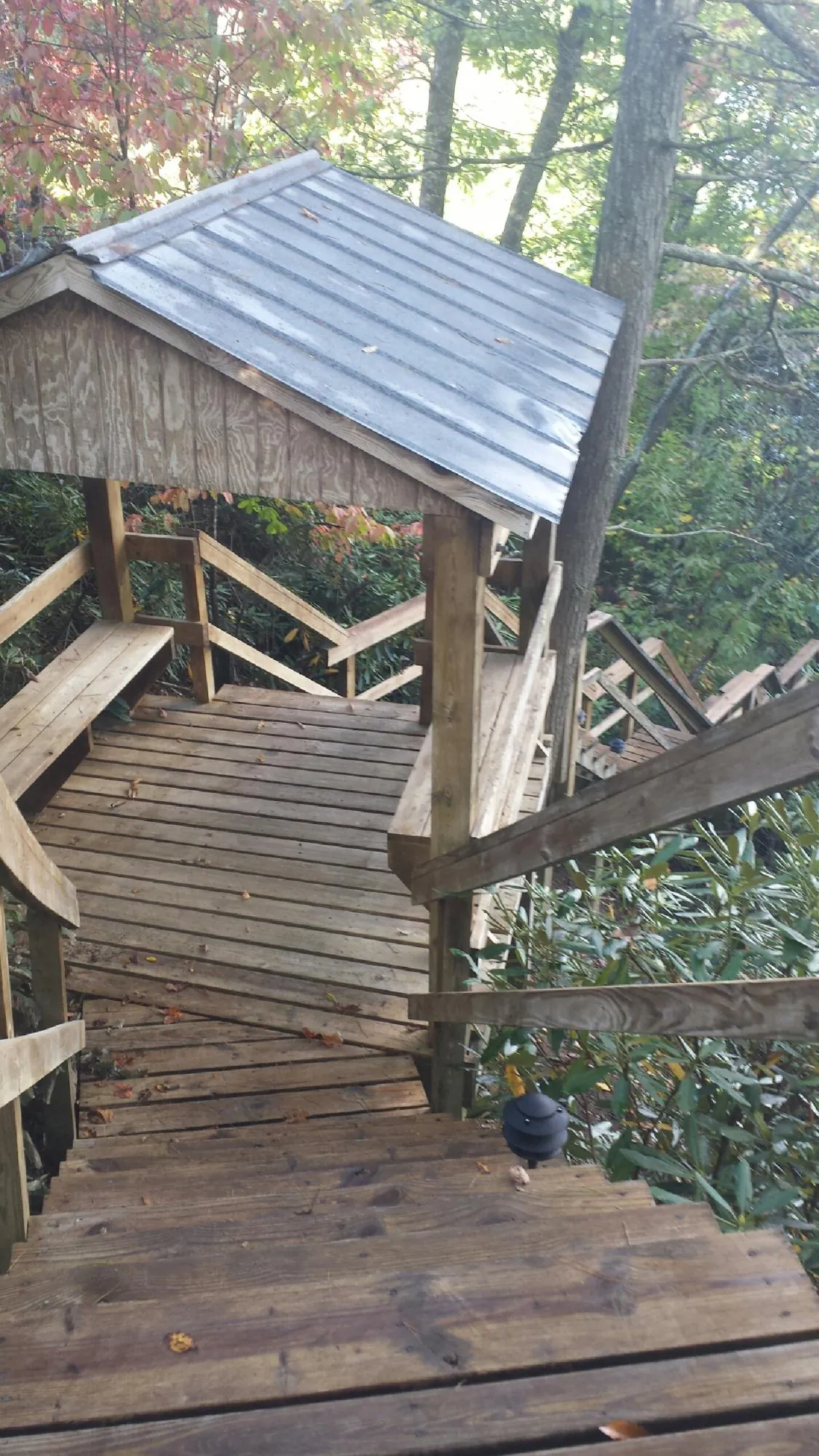 Metal roofed shelter over wooden steps on a wooded walkway — Skylight Repair & Installation work by our crew in Canandaigua